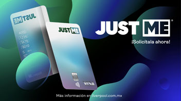 Tarjeta de crédito Just Me de Liverpool Visa en un fondo abstracto azul y verde con el texto ¡Solicítala ahora!